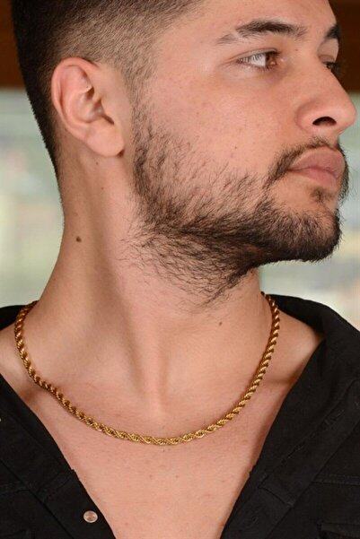 OSMANLI GÜMÜŞ 316L Paslanmaz Çelik Altın Rengi 4mm Kalın Burma Halat Erkek Çelik Kolye Zincir