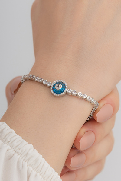 OSMANLI GÜMÜŞ Nazar Boncuklu Zirkon Taşlı Su Yolu Bayan Gümüş Bileklik