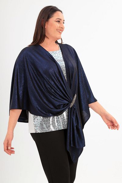 Trend42plus Stone Printed Shiny Evening Dress Navy Blue Shawl Poncho