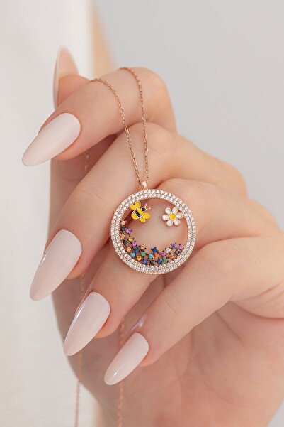 OSMANLI GÜMÜŞ Kadın Gümüş Kolye - Arı Ve Papatya Figürlü Zirkon Taşlı Rose Re...