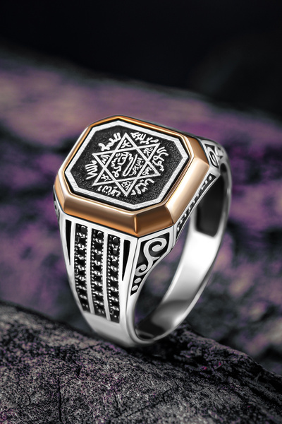 OSMANLI GÜMÜŞ Erkek Gümüş Yüzük - Üç Sıra Zirkon Taşlı Hz. Süleyman Mührü İşl...