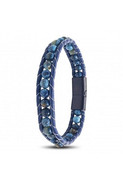 OSMANLI GÜMÜŞ 6mm Veined Men's Bracelet - Matte Blue Agate Stone Leather Cord and Steel Bracelet