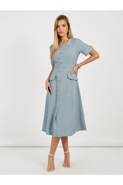 Styli Tweed A-Line Midi Dress with Button Detail