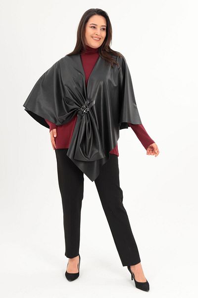 Trend42plus Black Shawl Poncho with Leather and Leather Buckle Detail