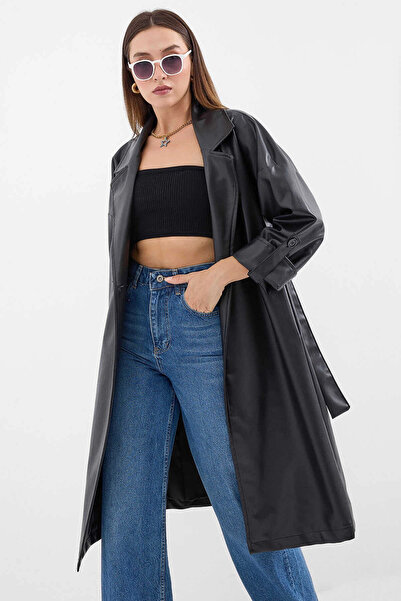 hazelin Trench din piele Subi căptușit cu centură neagră pentru femei HZL25W-...