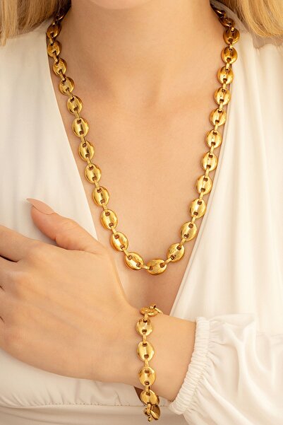 OSMANLI GÜMÜŞ Kadın Çelik Kolye Bileklik Set - Altın Kaplama Gemici Model Çel...