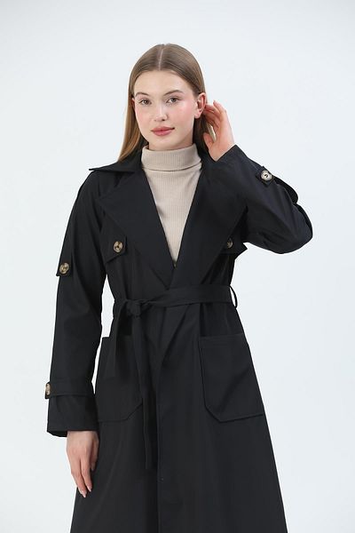 QUBERZ Belted Trench Coat with Pockets Black