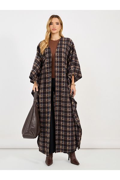 Styli Checked Pattern Wool Like Winter Cape Abaya