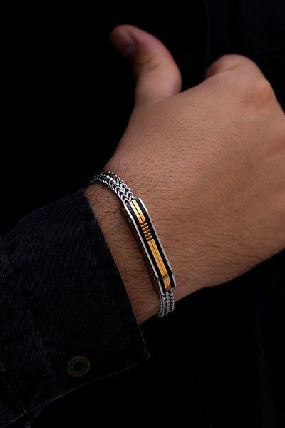 OSMANLI GÜMÜŞ Men's Steel Bracelet - Yellow Model Double Row Spider Chain Steel Bracelet