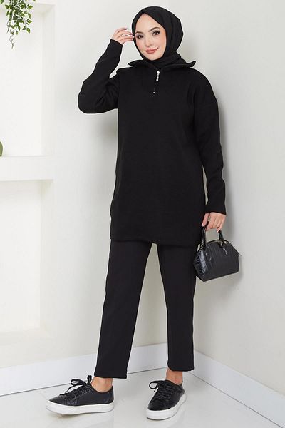 hafsamina Black Monochrome Zippered Knitwear Tunic - Hm2610