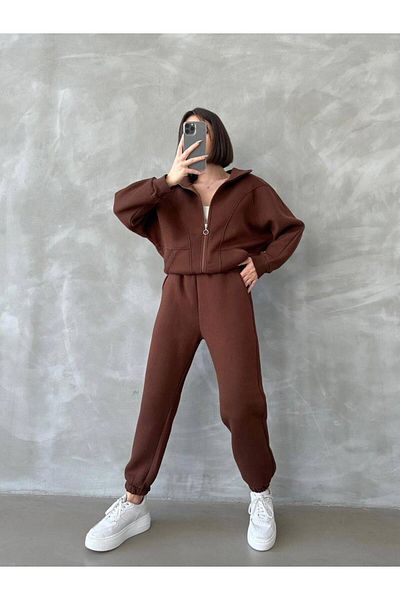 Zoom Butik Oversize Pocket Detail Unisex Cardigan Tracksuit Set