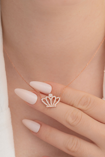 OSMANLI GÜMÜŞ Zirkon Taşlı Rose Kraliçe Tacı Kadın Gümüş Kolye Gklkrlctcm1-ros