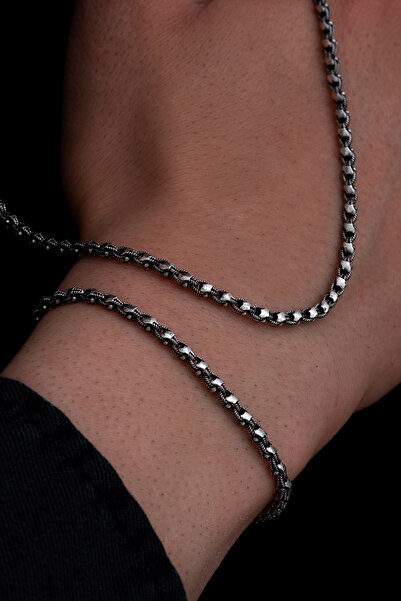 OSMANLI GÜMÜŞ Erkek Gümüş Kolye Bileklik Set - 3mm Pullu Arnavut Zinciri Gümü...