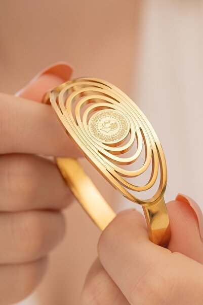 OSMANLI GÜMÜŞ Kadın Bileklik-22 Ayar Gerçek Altın Kaplama Çelik Kadın Kelepçe...