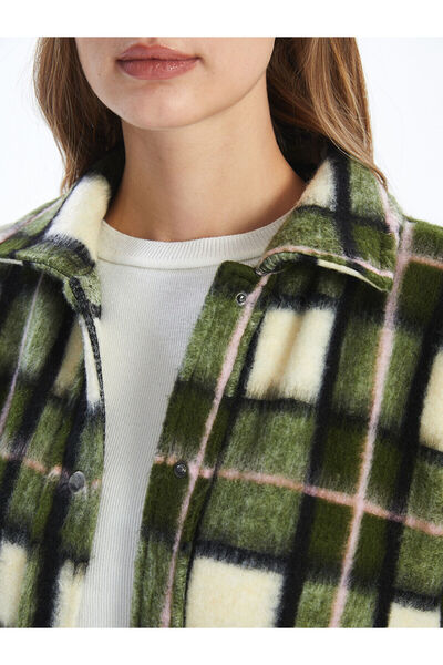 LC Waikiki Khaki Patterned Oversize Women's Plush Shirt Jacket