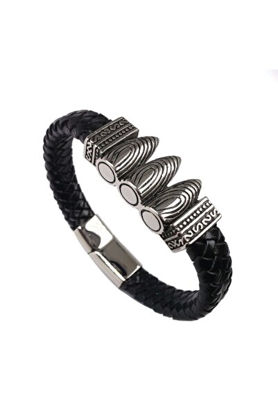 OSMANLI GÜMÜŞ Ottoman Mermi Deri Çelik Erkek Bileklik