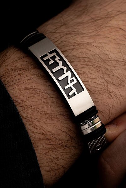 OSMANLI GÜMÜŞ Göktürkçe Türk Yazılı Paslanmaz Çelik Erkek Bileklik Hasır Kord...