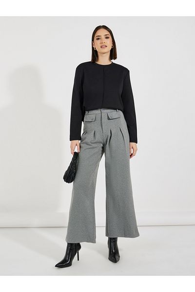 Styli High Rise Wide Leg Pleat Detail Casual Pants