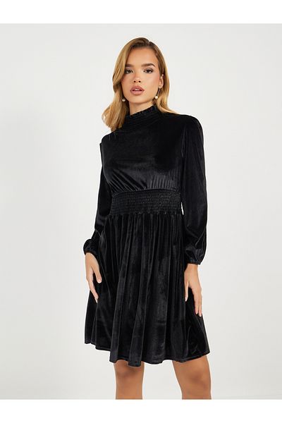Styli Velvet Look High Neck A-Line Mini Dress