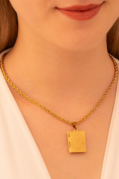 OSMANLI GÜMÜŞ Kadın Çelik Kolye - Fotoğraf Koyulan Altın Kaplama Burma Halatlı Ayna Desen Kitap Model Kadın Kolye