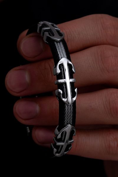 OSMANLI GÜMÜŞ Men's Steel Bracelet - 3 Rows with Anchor Pattern