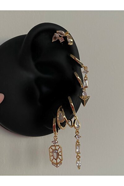 h&b design jewel Gold Baget Taşlı 6 Lı Küpe Seti