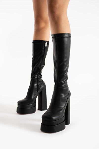 FSKOMBİN Loges Kadın Streç Siyah Deri Çift Platformlu Topuklu Cizme