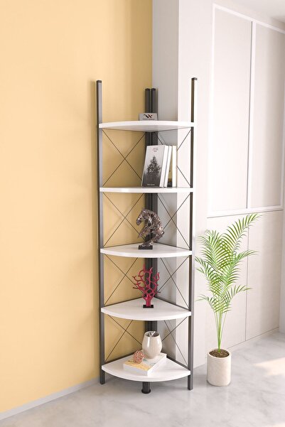 Hediyeler Kapında 5 Raflı Metal Köşe Kitaplık Çok Amaçlı Dekoratif Beyaz Raf