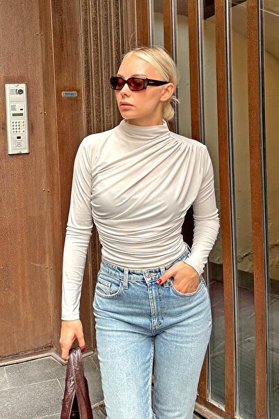 Swist Bej Yarım Balıkçı Omuz ve Bel Drapeli Kadın Bluz Crop