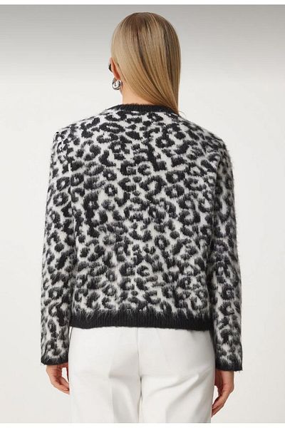 STİLZERAFET Cardigan scurt pentru tricotaje cu barbă cu model leopard