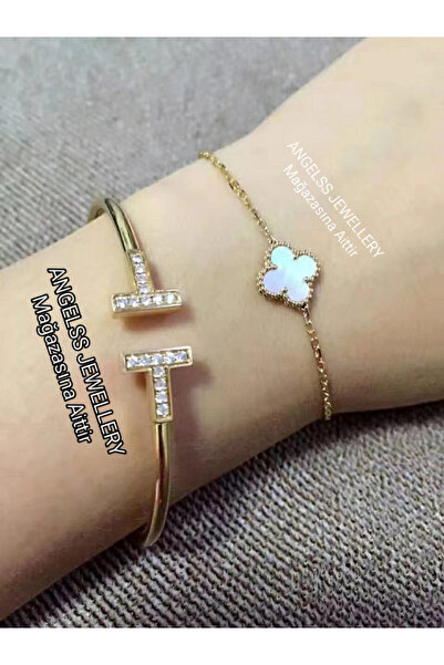 ANGELSS JEWELLERY سوار وأصفاد مزدوجة من حجر الزركون من ماركة Tiff - طرف ذهبي ...