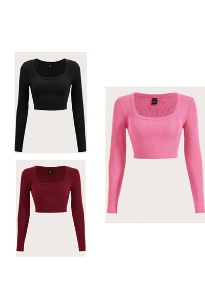 Lorya Giyim Kadın 3'lü Paket %100 Pamuklu Örme  Fitilli Kare Yaka Kaşkorse  U...