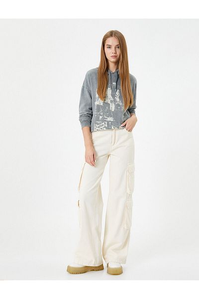 Koton Hooded Sweatshirt Faded Effect Printed Raised Cotton