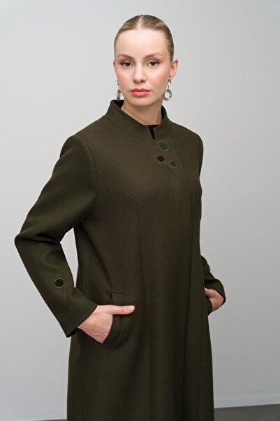 Olcay Prevailing Collar Embroidery Detailed Wool Blended Large Size Top Coat Haki 6632