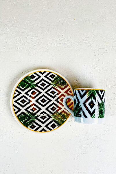 Viva Seramik طقم أكواب بورسلين أخضر هندسي - طقم مكون من 2 (2 كوب و2 طبق)