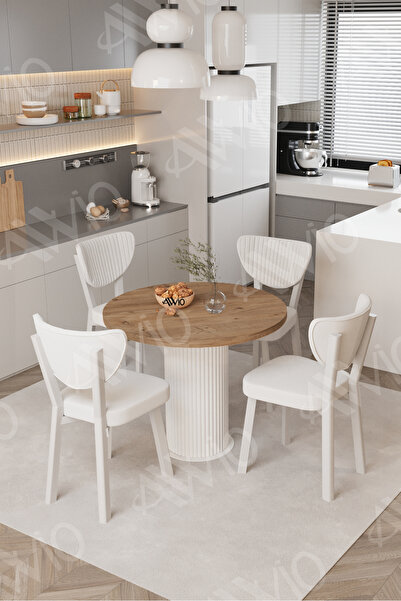 AVVİO Elma Yuvarlak Ceviz Mutfak Masa 4 Adet Sandalyeli Takım