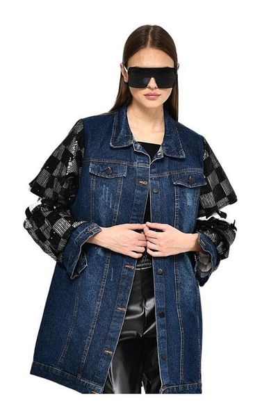 NK Jachetă de damă din denim de lungime midi, cu mâneci în șah, cu paiete brodate