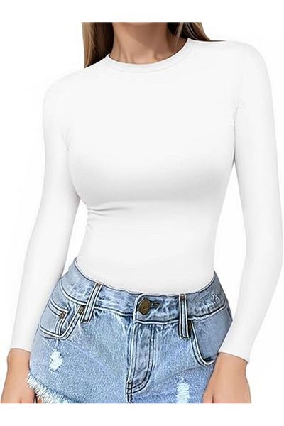 MADAM SHİLA Λευκή στενή εφαρμογή Slimfit Soft Touch Rib Μπλούζα με μακρυμάνικο μπλούζα με λαιμόκοψη