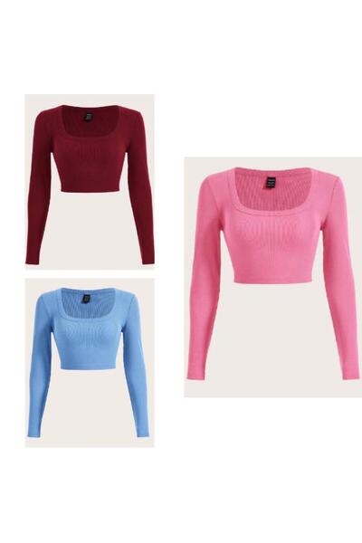 Lorya Giyim Kadın 3'lü Paket %100 Pamuklu Örme  Fitilli Kare Yaka Kaşkorse  U...