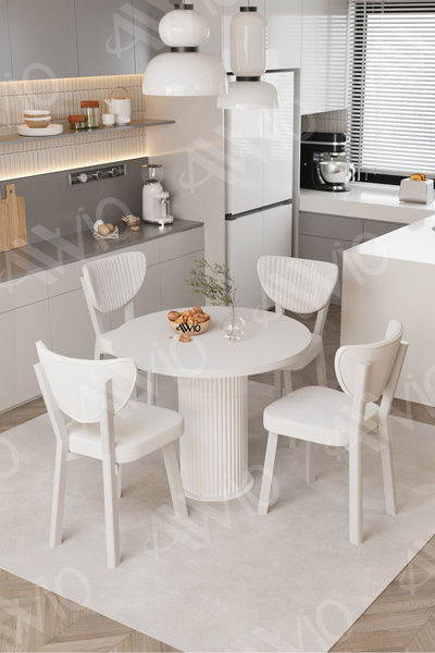 AVVİO Elma Yuvarlak Beyaz Mutfak Masa 4 Adet Sandalyeli Takım