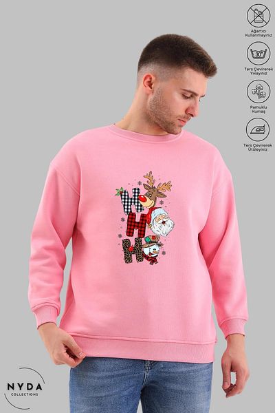 Nyda Collections Unisex μακρυμάνικο χριστουγεννιάτικο φούτερ με στάμπα με λαιμόκοψη χωρίς κουκούλα