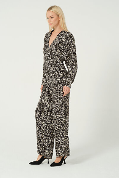 eva clothing Women's Double Breasted Collar Wide Leg Patterned Jumpsuit 1234674 Eva-1