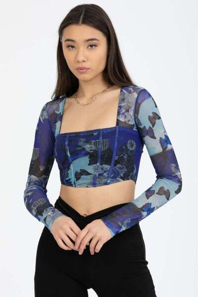 CEYS مشد أزرق منقوش من التول بأكمام طويلة