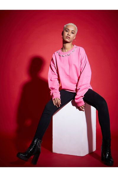 Sassafras By Styli Oversized Studded Faux Pearl Terry Sweatshirt