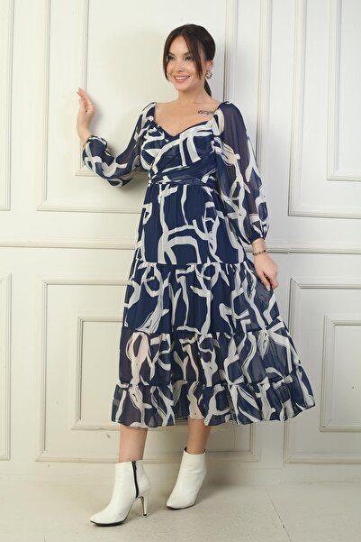 By Saygı Madonna Yaka Astarlı Çapraz Bağlamalı Soyut Desen Kruvaze Şifon Elbise