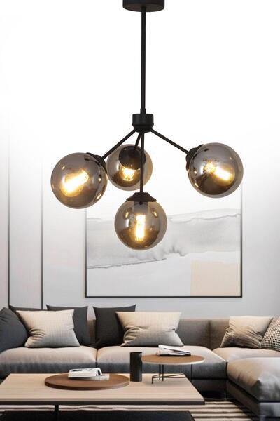 Taşcan Aydınlatma Lupin 4 Lü Siyah Avize Füme Camlı Dekoratif Tasarım Yatak O...