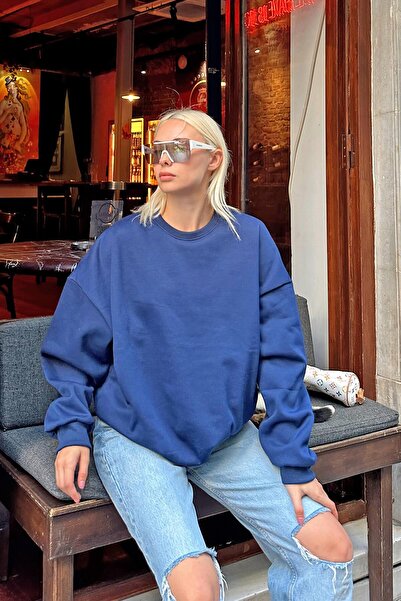 Swist Γυναικείο φούτερ Navy Blue Oversize Basic Crew Neck με Fleece Εσωτερικό