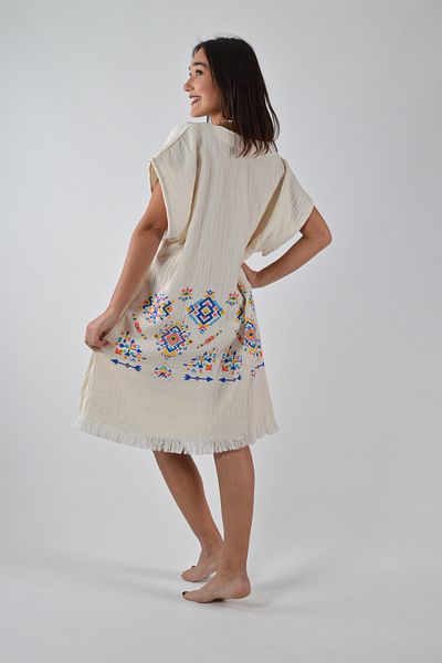REİNA TEKS Rochie de muselina cu decolteu in V cu model Kilim 1 bucată rochie caftan de plajă