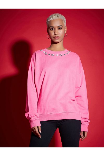 Sassafras By Styli Oversized Studded Faux Pearl Terry Sweatshirt