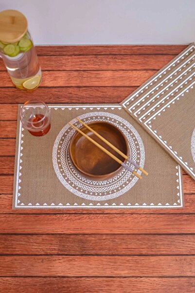 AVANTAGE HOME Ethnic - 6 Adet Jüt El Baskılı Dikdörtgen Sofra Sunum Tabak Altlığı Supla Amerikan Servisi 45x30 Cm